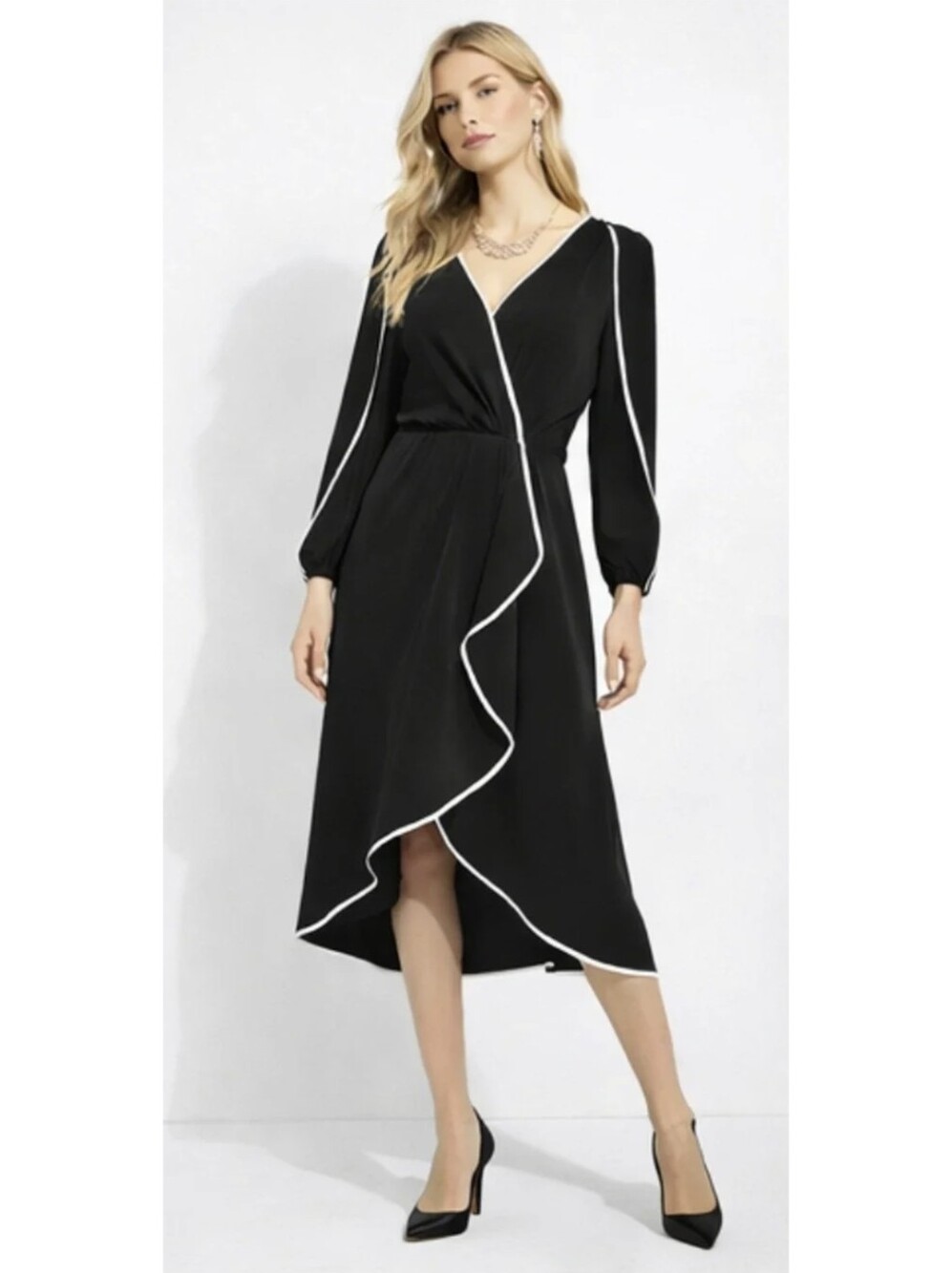WHBM Black Contrast Ruffle Midi Dress Long Sleeve Size 6 Petite NWT